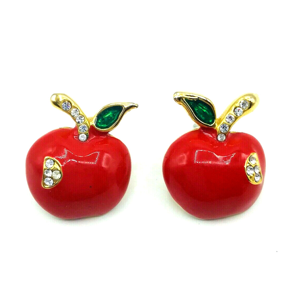 Vintage Red Enamel Apple Stud Earrings Rhinestones Gold Tone